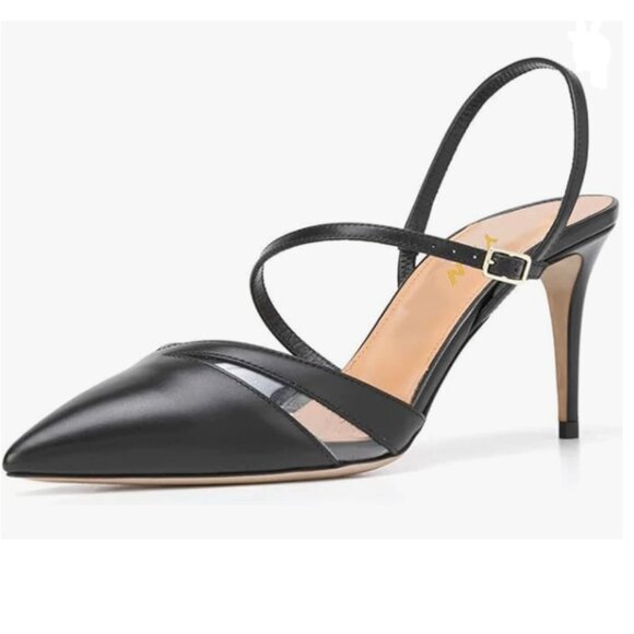 YDN Black Stiletto Heels Pointed Toe Buckled Slide D'Orsay Slingback Sandals - Picture 1 of 8